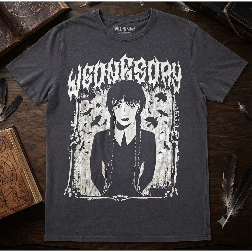 Wednesday Addams Graphic Tee Gray Acid Wash T-Shirt Crows Size XL Grunge Goth